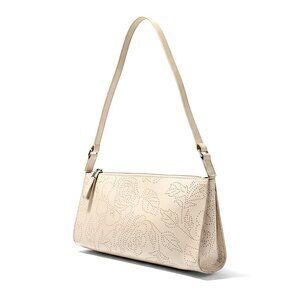 Monsac 00s Cream Leather Shoulder Bag Perforated Floral Pattern Top zip Purse